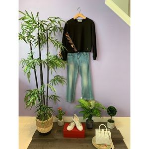 Italian Satin Leopard Ruffle Trim Sweatshirt